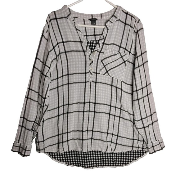 Eddie Bauer Shirt Womens XL Black White Gray Plaid Henley Long Sleeve  Cotton - Picture 1 of 4
